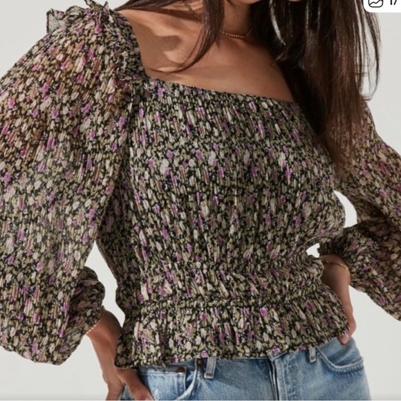 ASTR The Label Tops - ASTR The Label Floral Smocked Peplum Blouse Black Fuchsia Multi ACT16317B L